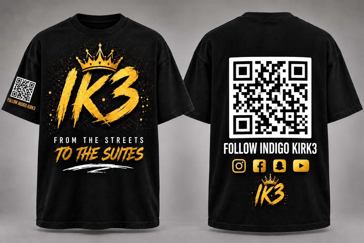 Black IK3 From the Block to the Suites shirt, front and back