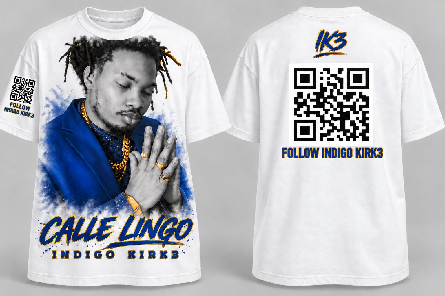 White Calle Lingo shirt, front and back