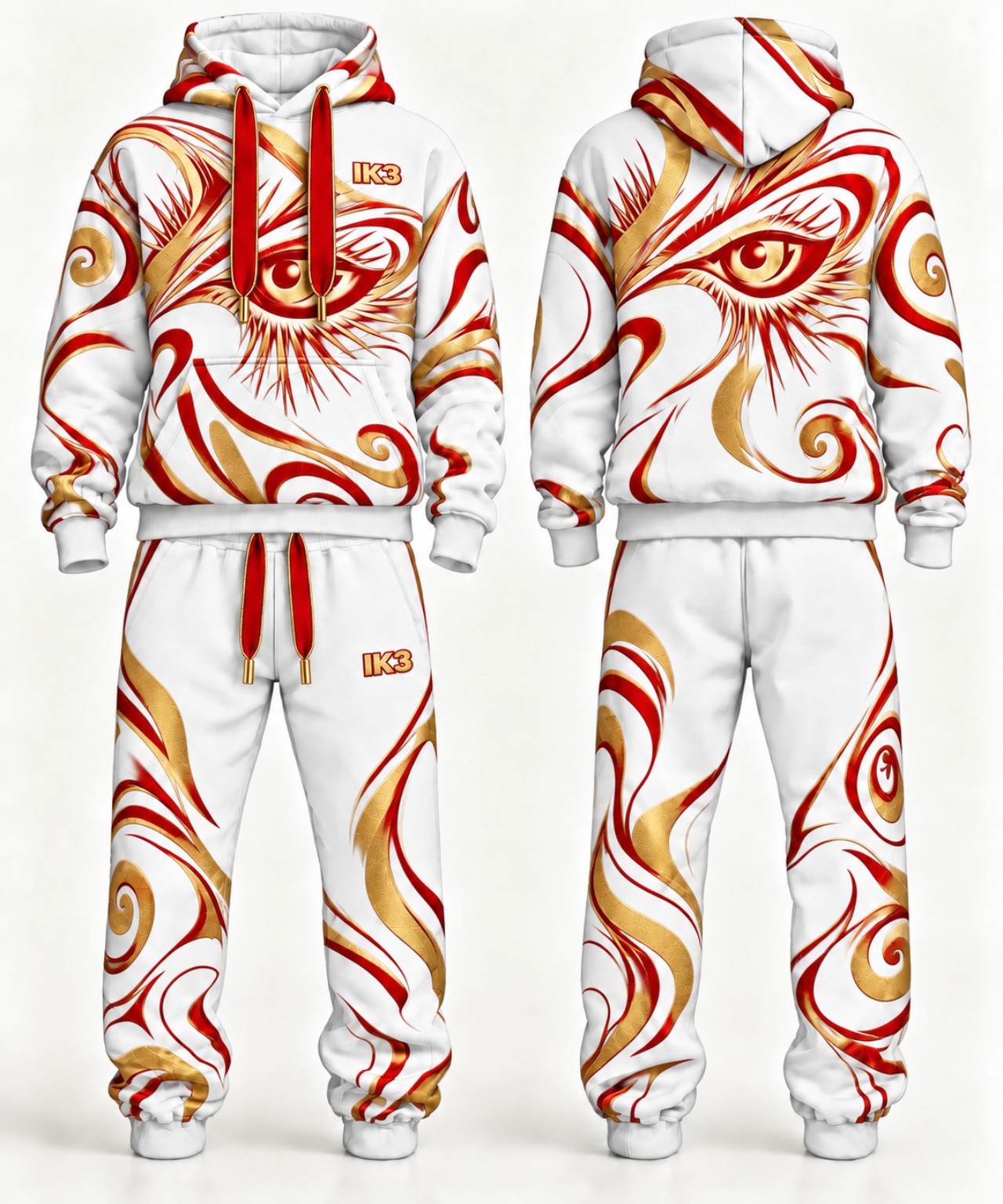 White, red and gold IK3 sweatsuit, front and back