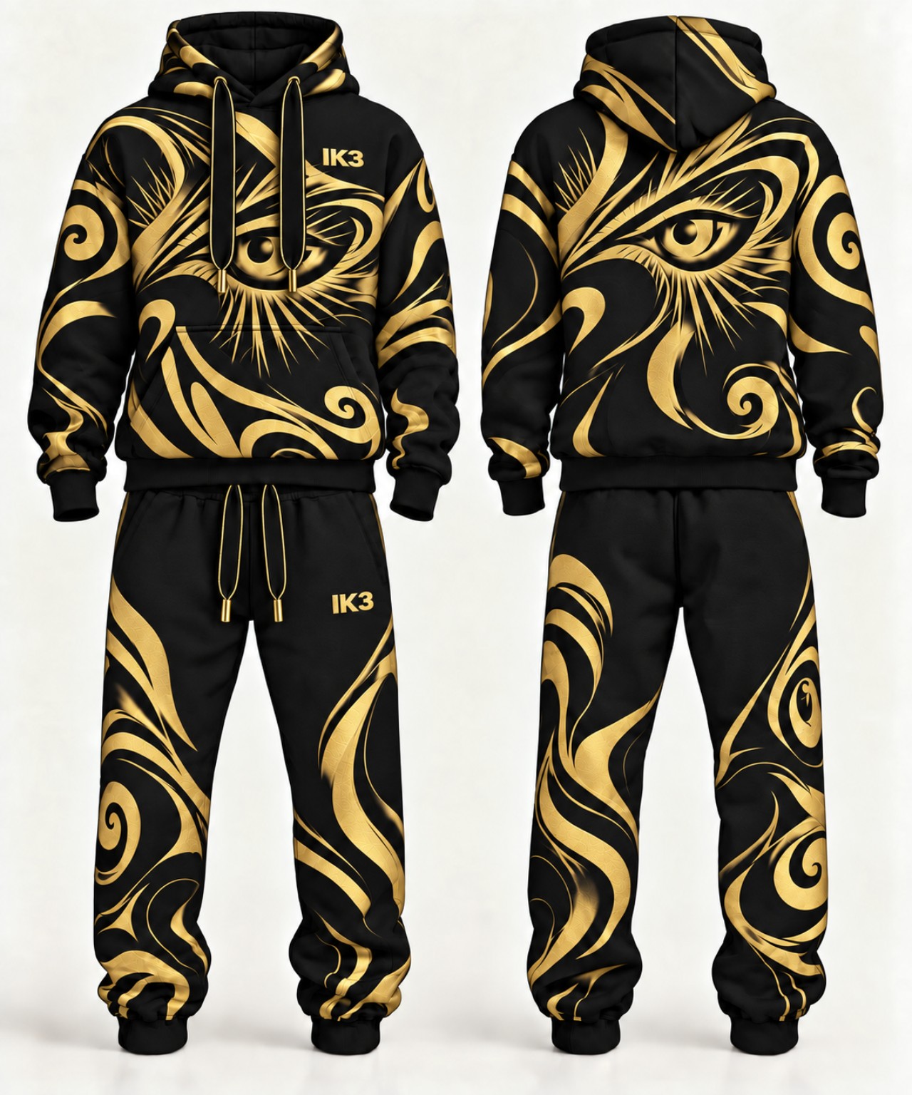 Black and gold IK3 sweatsuit, front and back