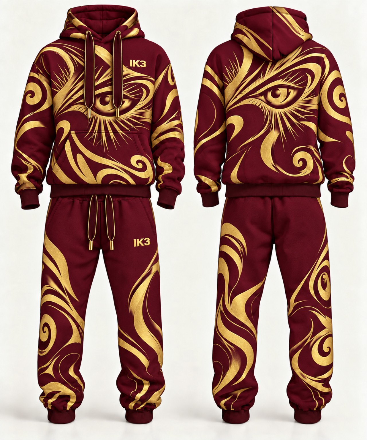 Burgundy and gold IK3 sweatsuit, front and back