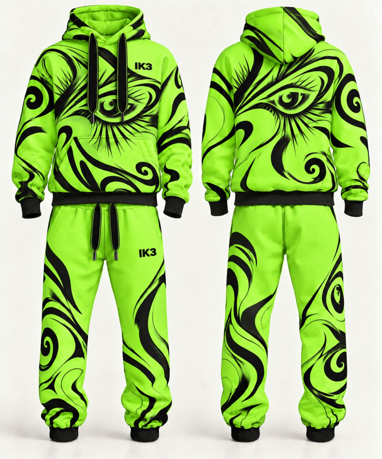 Neon green and black IK3 sweatsuit, front and back