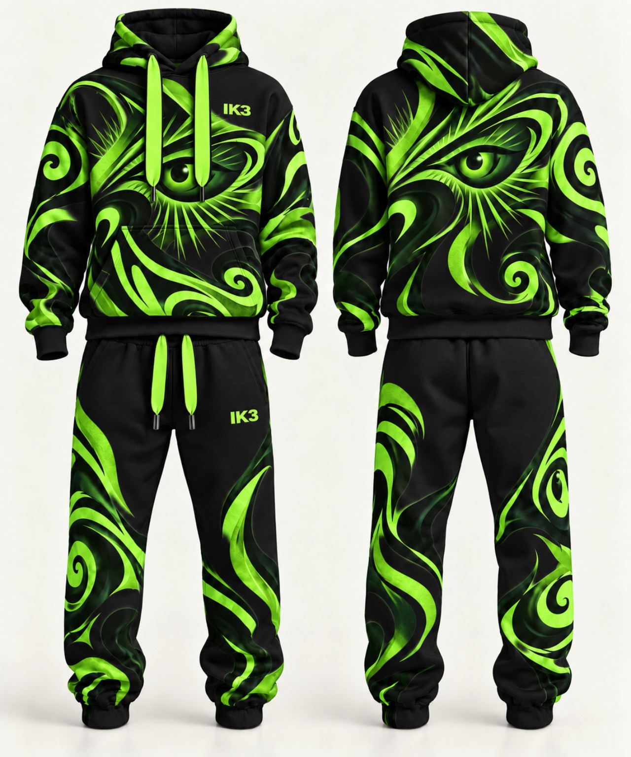 Black and green IK3 sweatsuit, front and back