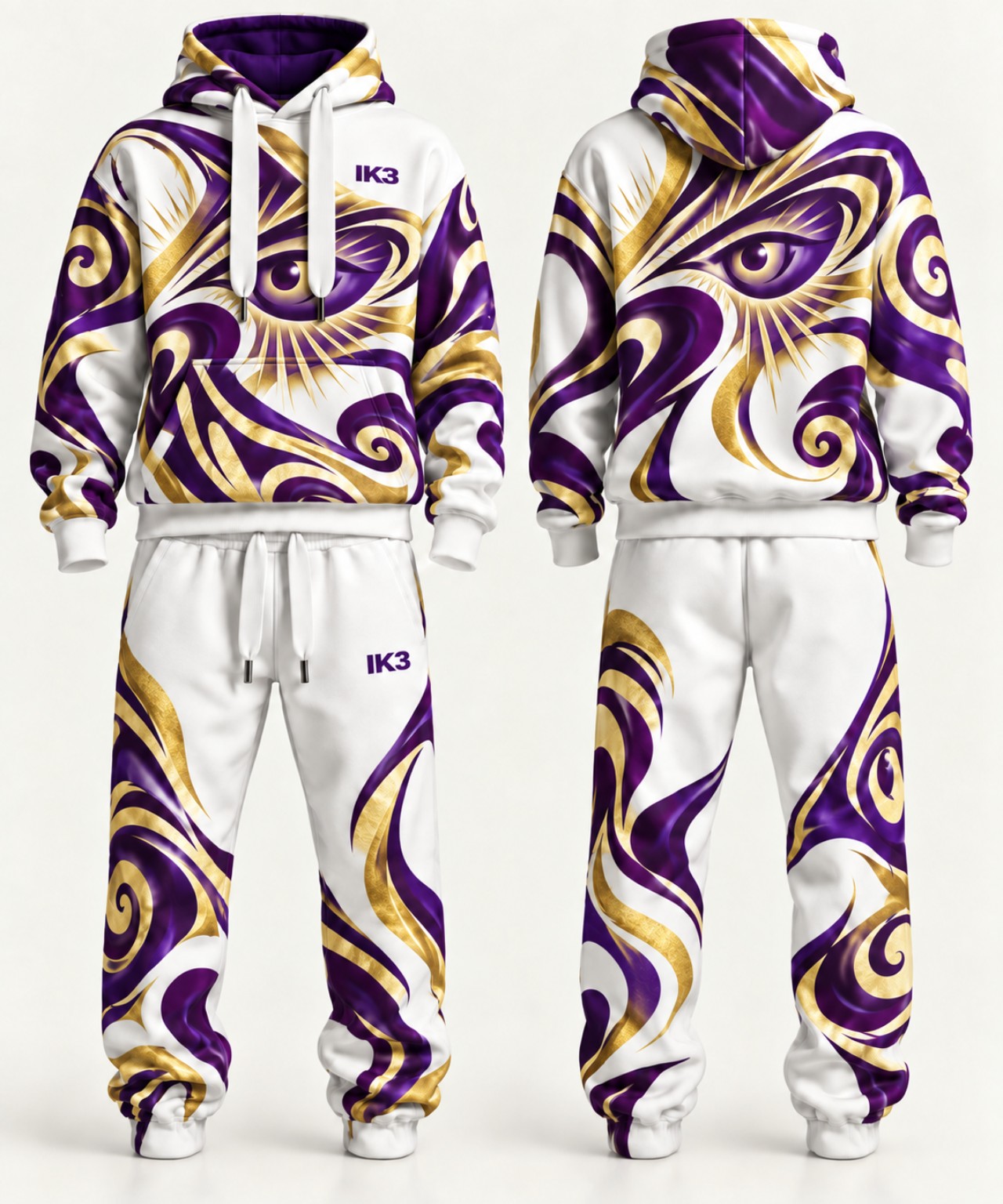 White and purple IK3 sweatsuit, front and back