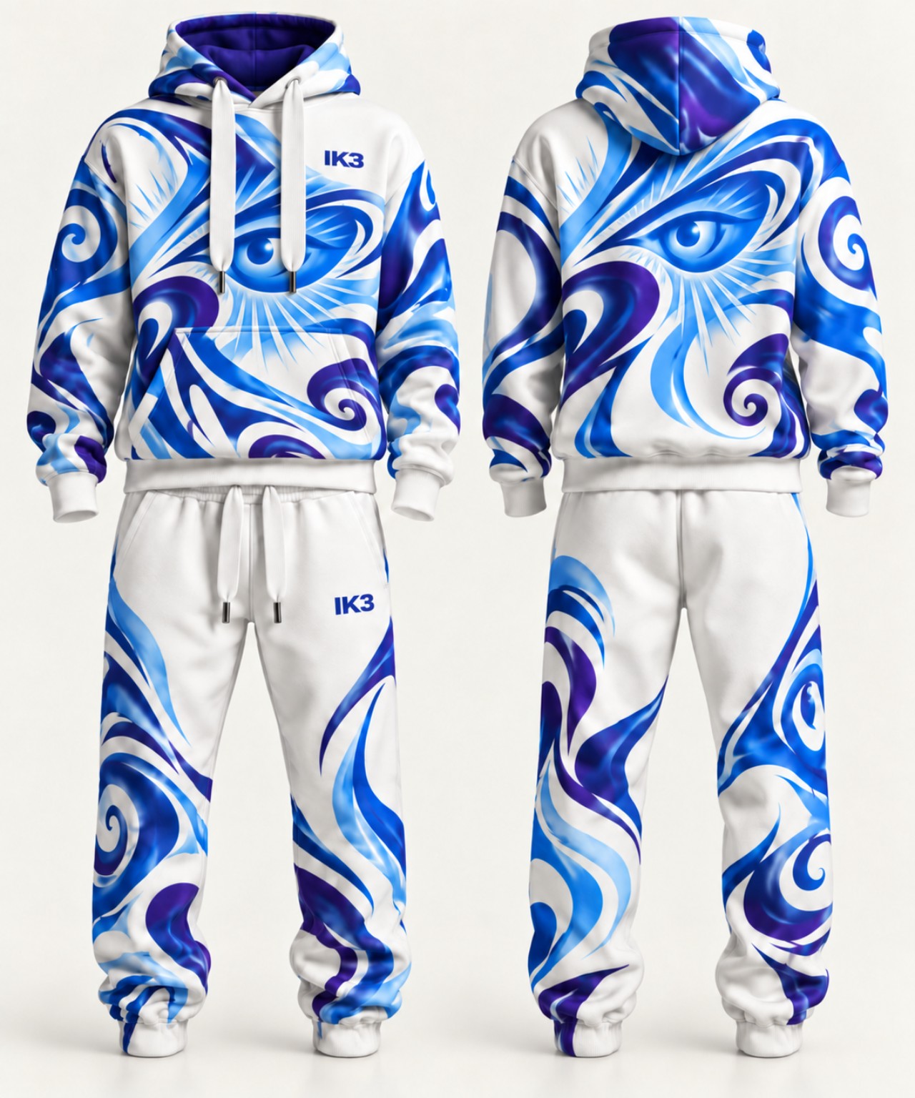 White and blue IK3 sweatsuit, front and back