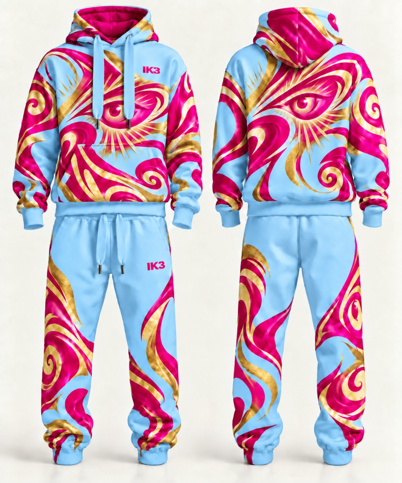 Baby blue, fuchsia and gold IK3 jumpsuit, front and back