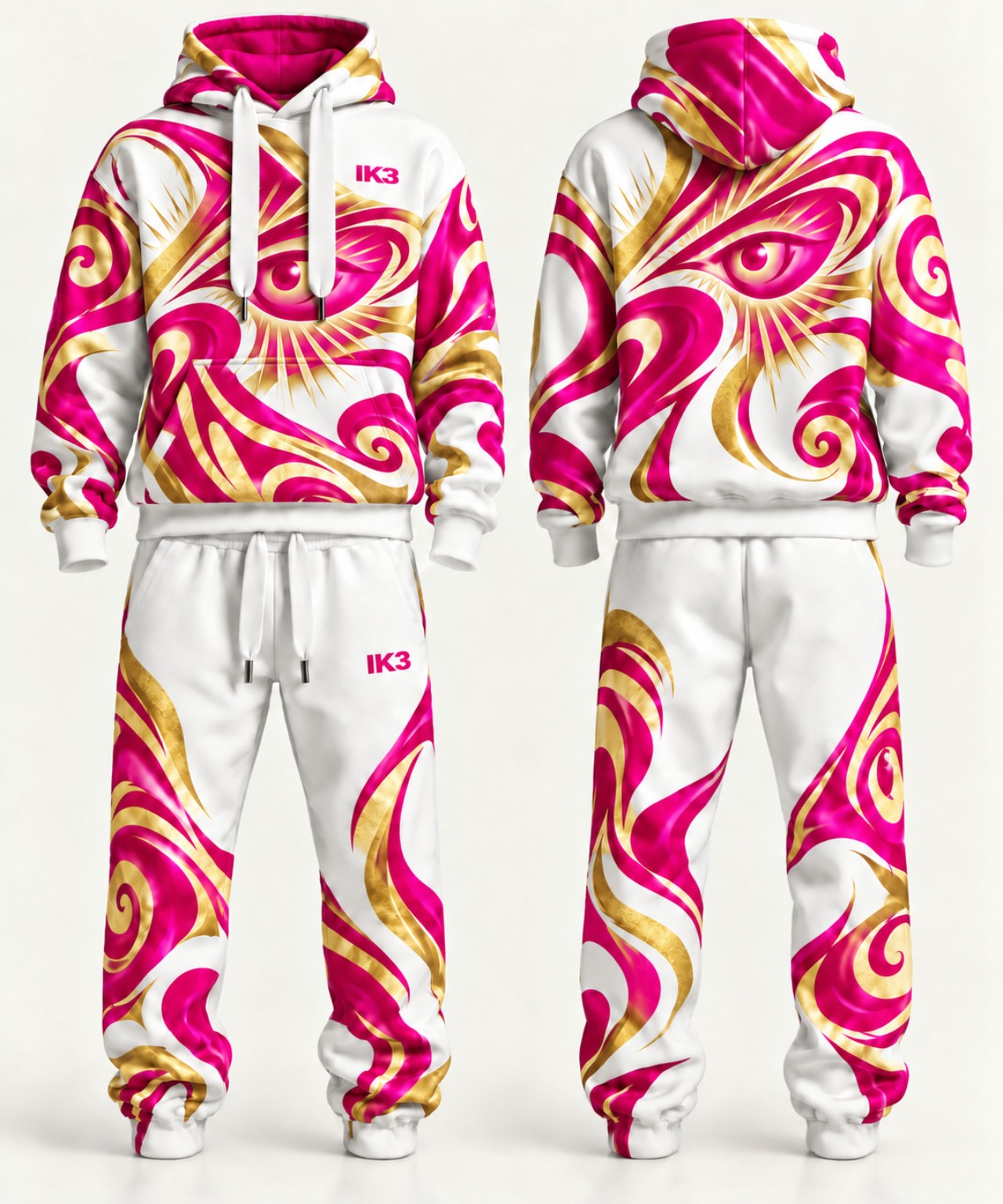 White, fuchsia and gold IK3 jumpsuit, front and back